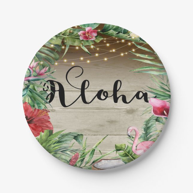 Aloha Tropical Wood Floral Leaves & Lights Wedding Paper Plates (Front)
