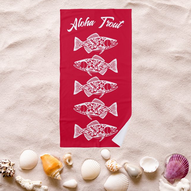 Aloha Trout-Blue Hawaiian Cherry Red Beach Towel (Aloha Trout Fisherman Trend Hawaiian Fish Beach Summer Beach Towel Cherry Red)