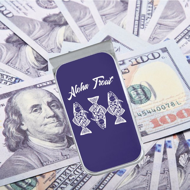 Aloha Trout- Hawaiian Silver Finish Money Clip (Aloha Trout Fisherman Trend Hawaiian Fish Beach Summer money clip dark blue)