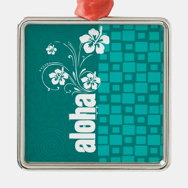 Aloha; Turquoise Squares; Retro Metal Ornament (Front)