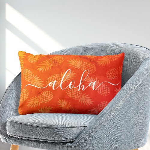 Aloha typography yellow orange pineapple pattern lumbar pillow