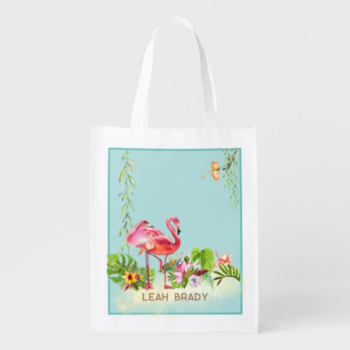 Aloha Watercolor Flamingo Island Grocery Bag