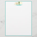 Aloha Watercolor Pineapple Island Letterhead<br><div class="desc">Pretty tropical colors of aqua,  pineapple yellow,  and island green combine in a watercolor pineapple with sand and sea. Stationary is bordered in aqua,  customize color in design tool,  if desired. 

Personalized with your name. Cute and colorful.</div>