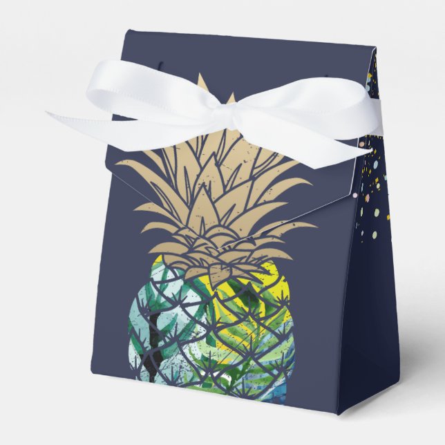 Aloha Watercolor Tropical Pineapple Navy Blue Favor Boxes (Front Side)