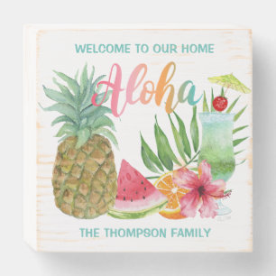Aloha Welcome Tropical Fruit Pineapple Wooden Box Sign