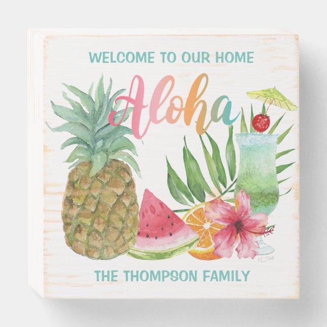Aloha Welcome Tropical Fruit Pineapple Wooden Box Sign (Front Horizontal)