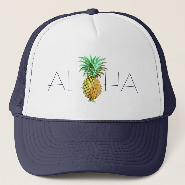 Aloha With PineApple Vintage Illustration Trucker Hat (Front)