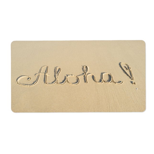Aloha word sign on the beach sand label (Front)