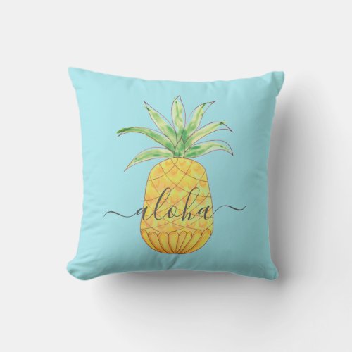 Aloha Yellow Watercolor Pineapple   Outdoor Pillow