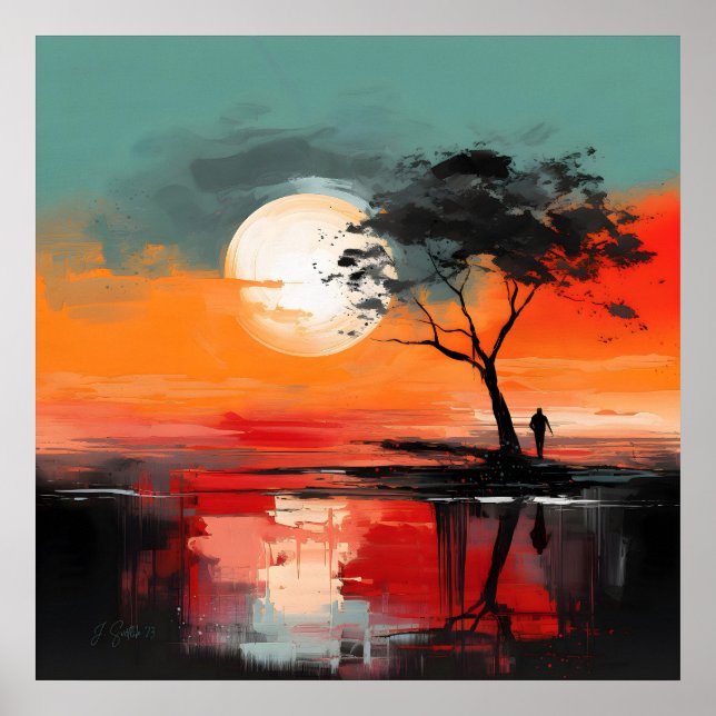 Alone by the Lake – Abstract Sunset Landscape Art Poster (Front)