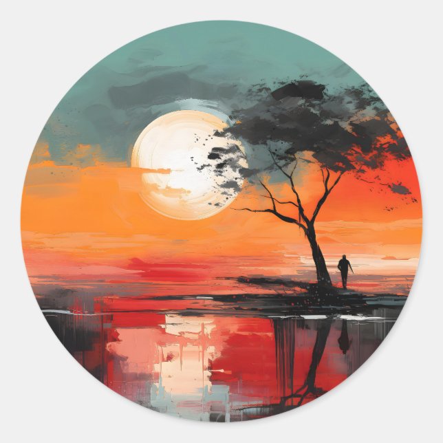 Alone by the Lake – Solitude at Sunset Classic Round Sticker (Front)