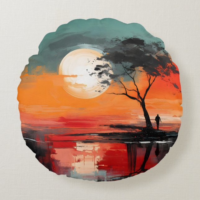 Alone by the Lake – Solitude at Sunset Round Pillow (Front)