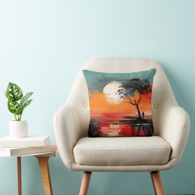 Alone by the Lake – Solitude at Sunset Throw Pillow (Chair)