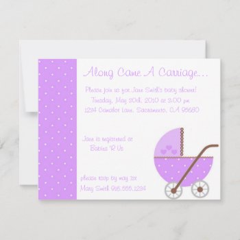 Along Came A Carriage Purple Baby Shower Invitatio Invitation by BellaMommyDesigns at Zazzle
