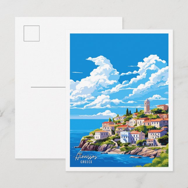 Alonissos Greece Art Vintage Travel Illustration Postcard (Front/Back)