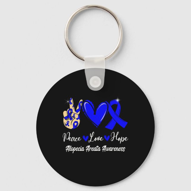 Alopecia Areata Awareness Peace Love Hope Blue Rib Keychain (Front)