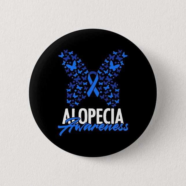 Alopecia Awareness Blue Ribbon Butterfly Alopecia  Button (Front)