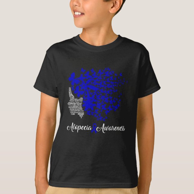 Alopecia Awareness Blue Ribbon Hair Loss Butterfly T-Shirt (Front)