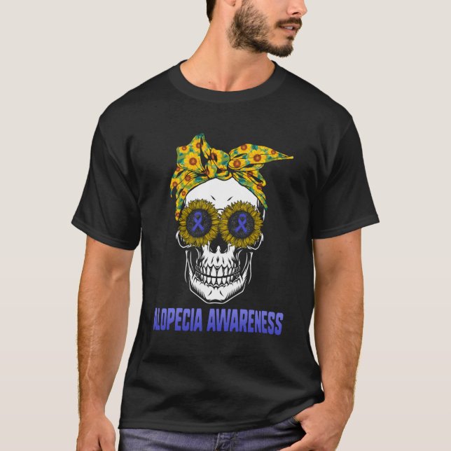 Alopecia Awareness Blue Ribbon Hair Loss Skull Sun T-Shirt (Front)