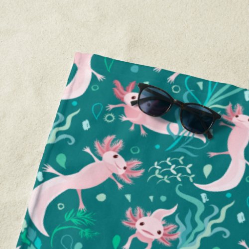 Alotta Pink Axolotls on Teal Beach Towel