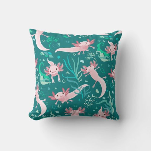 Alotta Pink Axolotls on Teal Throw Pillow