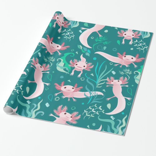 Alotta Pink Axolotls on Teal Wrapping Paper
