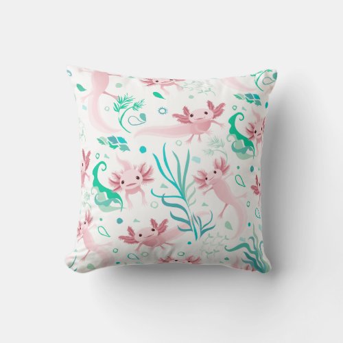 Alotta Pink Axolotls on White Throw Pillow