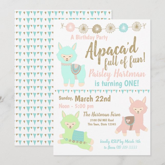 Alpaca 1st Birthday Party Invitation (Front/Back)