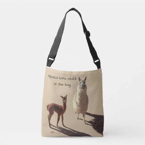 Alpaca baby and mother photographtantext crossbody bag