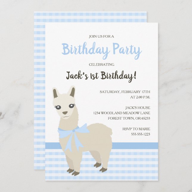 Alpaca Blue Birthday Party Invitation (Front/Back)