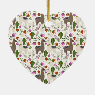 Alpaca Cactus Floral Pattern Animal Lover Ceramic Ornament