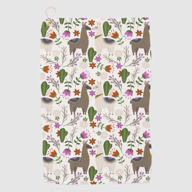 Alpaca Cactus Floral Pattern Animal Lover Golf Towel (Front)
