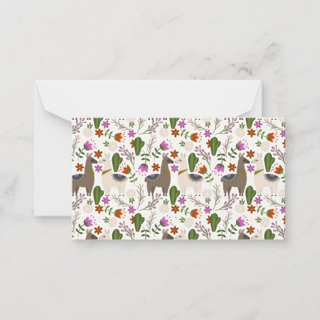 Alpaca Cactus Floral Pattern Animal Lover Note Card (Front)