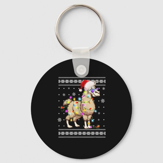 Alpaca Christmas Lights Ugly Xmas Sweater Santa Ha Keychain (Front)