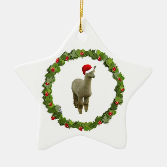 Alpaca Christmas Wreath Ceramic Ornament (Front)