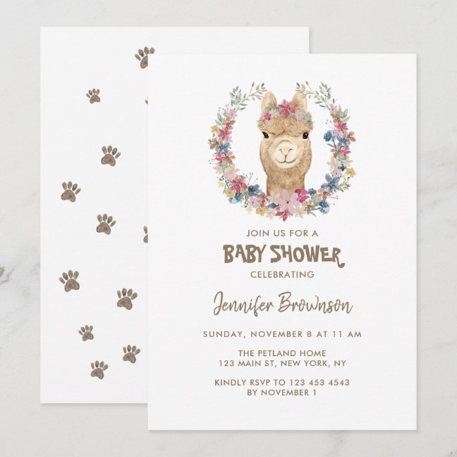 Alpaca Flower Wreath Dog Baby Shower Invitation