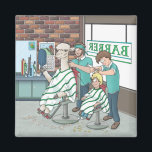 Alpaca haircut magnet<br><div class="desc">Artwork from my children's book "Field Trip to the Alpaca Farm". Funny illustration of an alpaca getting a haircut in the barber shop.</div>