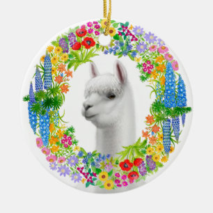 Alpaca in Floral Wreath Christmas Ornament