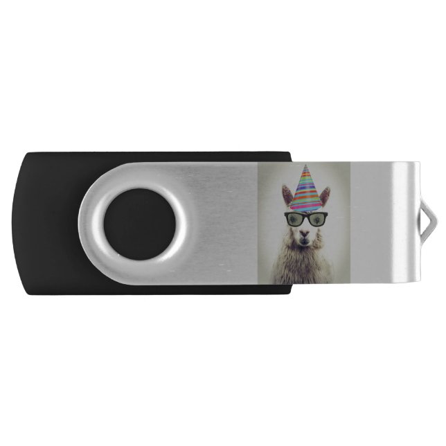 Alpaca in Glasses and Party Hat Flash Drive (Front)