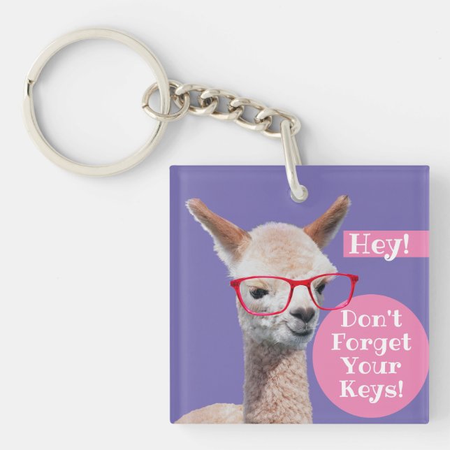 Alpaca In Red Glasses DIY "Don't Forget Your Keys" Keychain (Front)