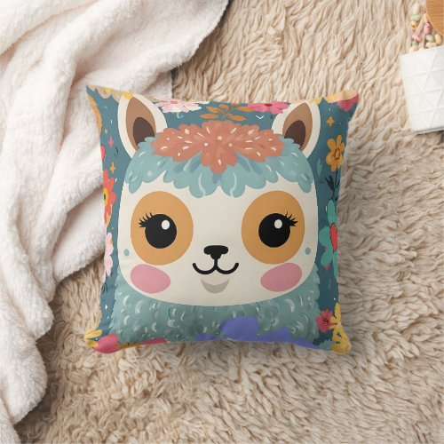 Alpaca LLama Cute Floral Pattern  Throw Pillow