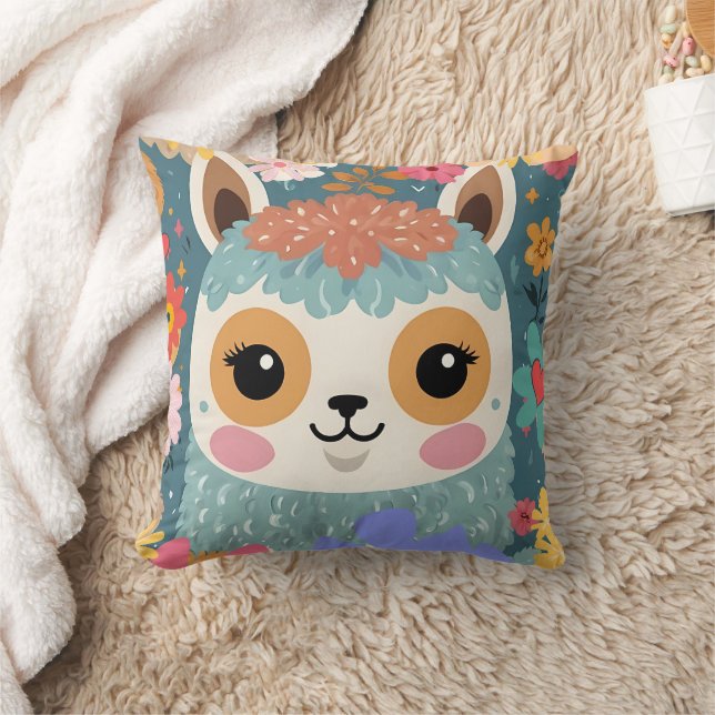 Alpaca LLama Cute Floral Pattern  Throw Pillow (Blanket)