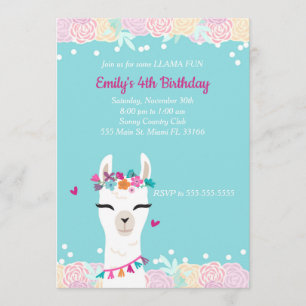 Alpaca Llama Face Kids Birthday Invitation