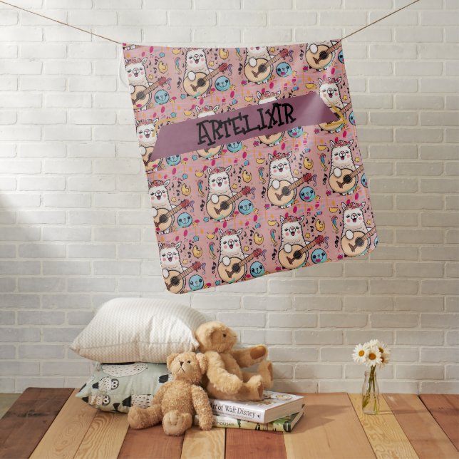 Alpaca Llama Making Music Pattern Baby Blanket (In Situ)