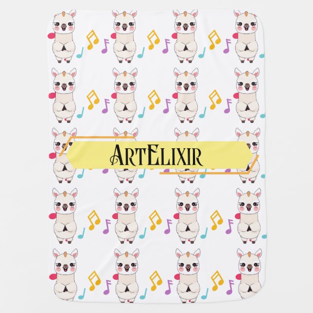 Alpaca Llama Musical Pattern Baby Blanket (Front)