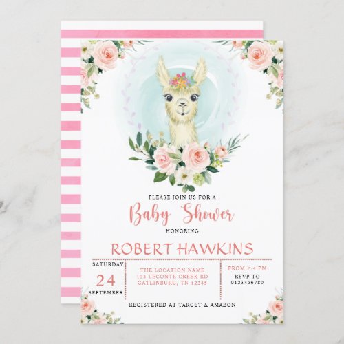 Alpaca Llama Pink Floral Girl Baby Shower Invitation