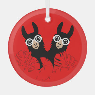 Alpaca llama Twins Birthday Glass Ornament