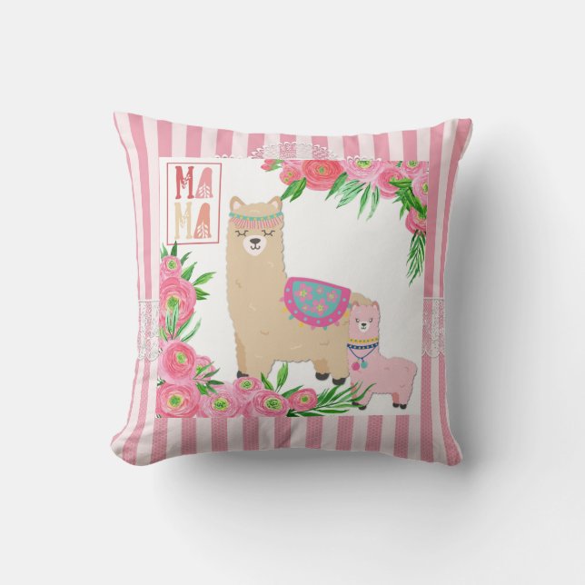 Alpaca Mama & Baby Pink Green Floral Pink Stripes Throw Pillow (Front)