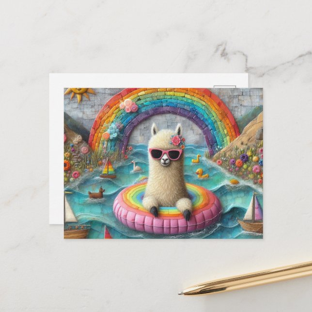 Alpaca on a Rainbow Color Float Postcard (Front/Back In Situ)