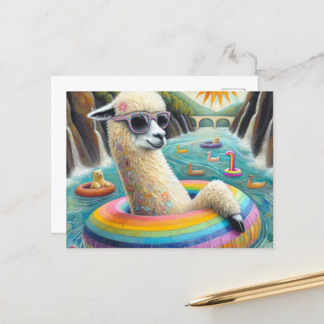Alpaca on a Rainbow Color Float Postcard | Zazzle